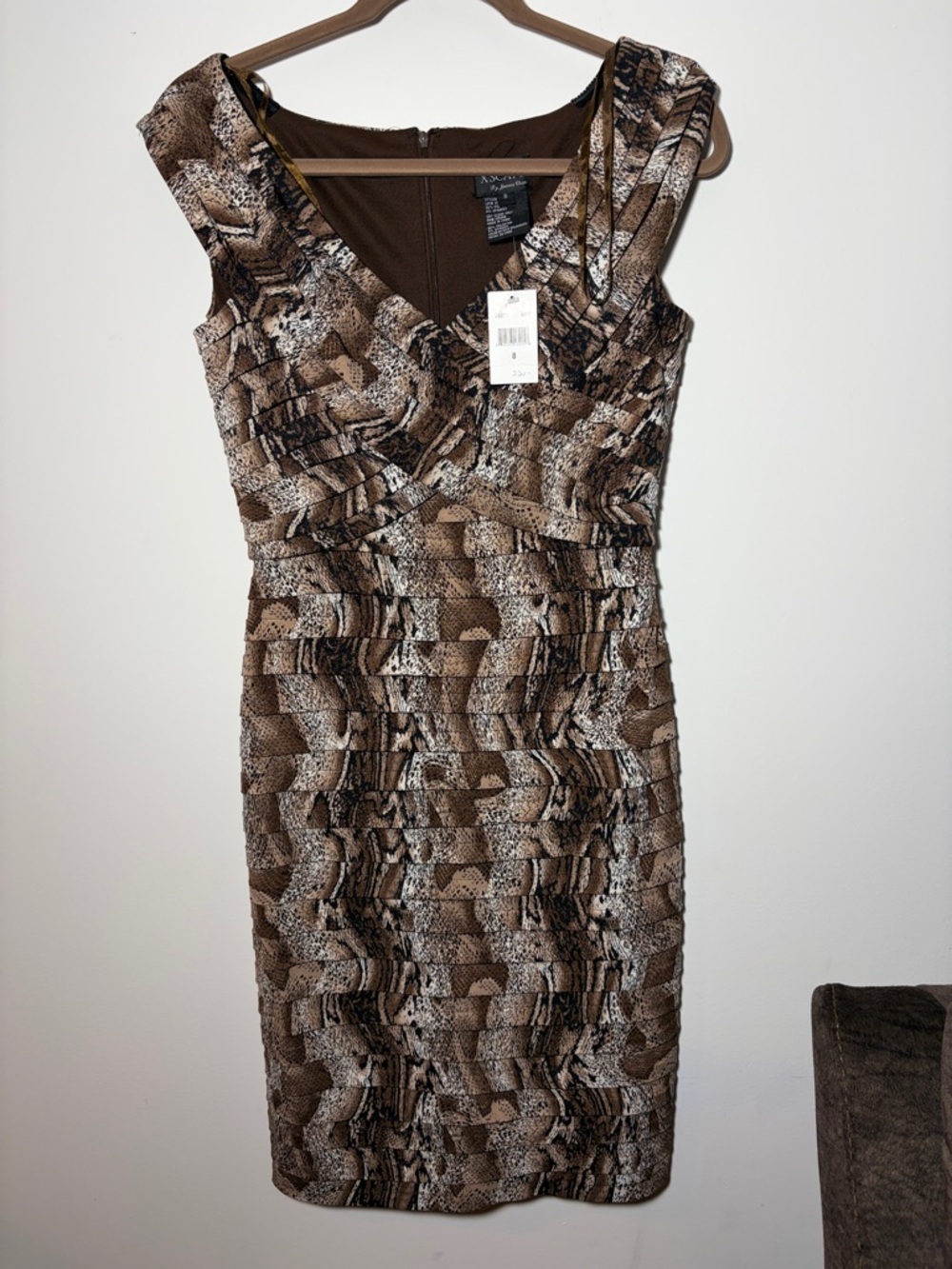 XSCAPE Snakeskin Print V-Neck Sheath Dress - Brown Animal Print Midi - Size 8